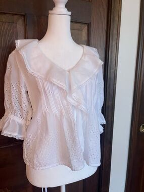 Madewell White Eyelet Ruffle V-Neck Blouse